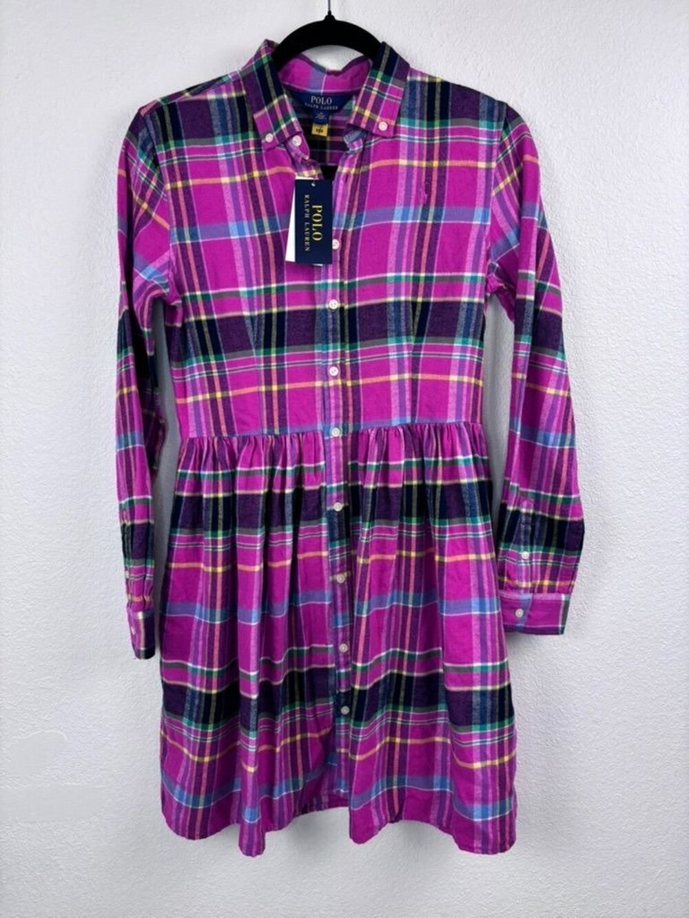 POLO Ralph Lauren girls 16 pink plaid long sleeve flannel dress preppy NWT